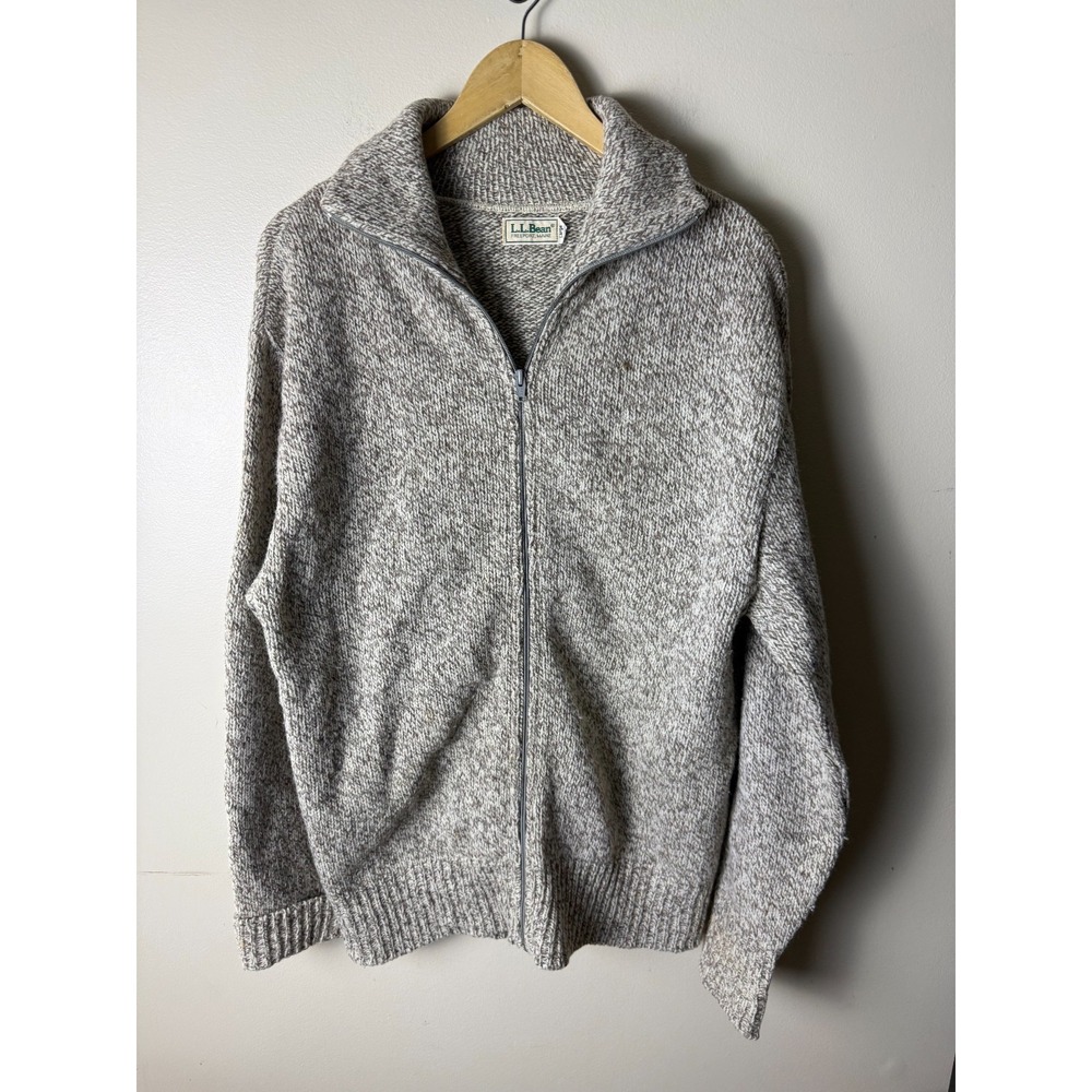 Vintage L.L. Bean Commando Sweater Mens L Gray Wool Full Zip Cardigan Ribbed